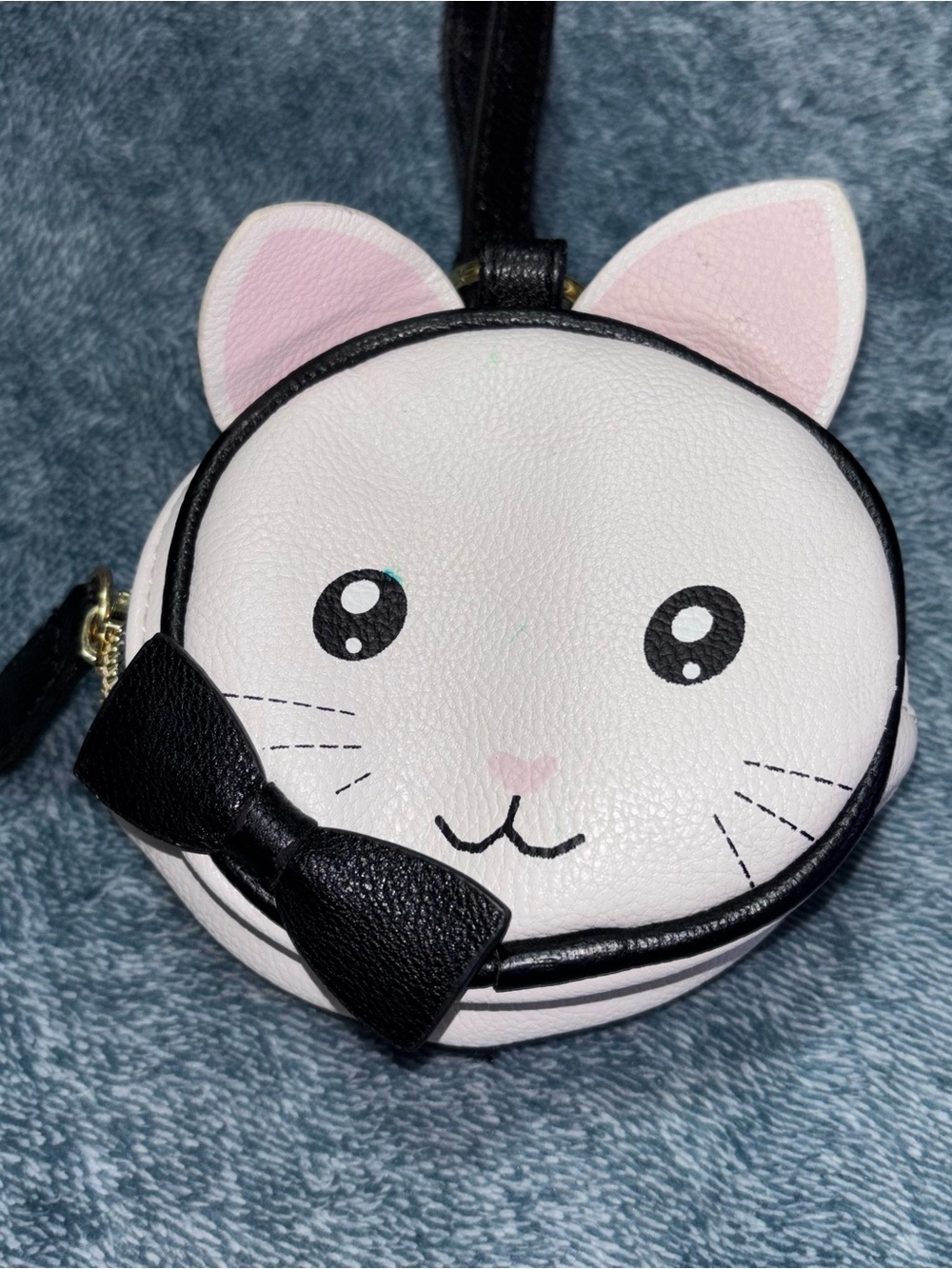 Betsey Johnson Cream & Black Round Cat Face Wristlet/Coin Purse